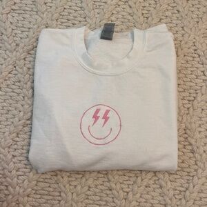 Lightning Bolt Smiley Face Embroidered White Sweatshirt